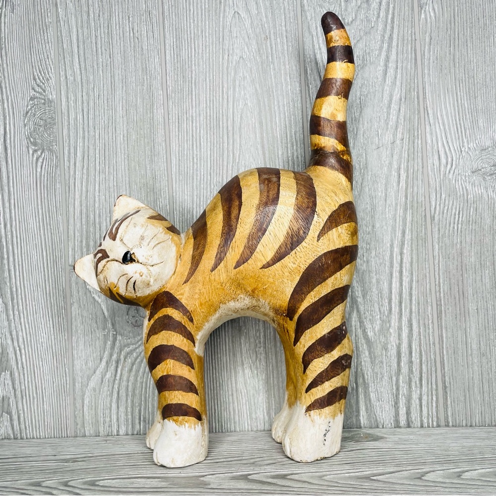 Solid wood carved painted cat kitten statue figurine decoration unique whimsical